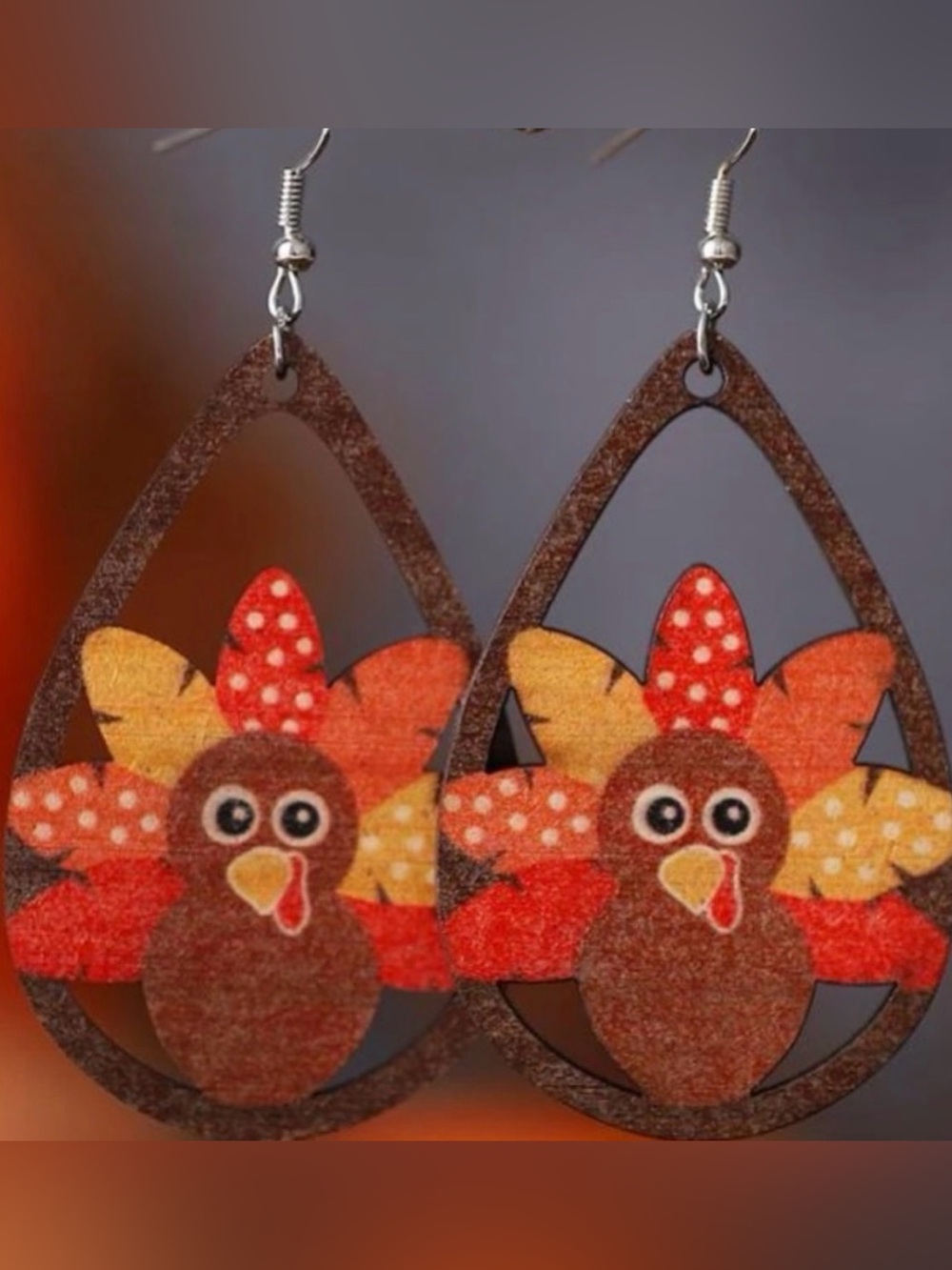 Thanksgiving Turkey Earrings Dangle Drop Wood Teardrop